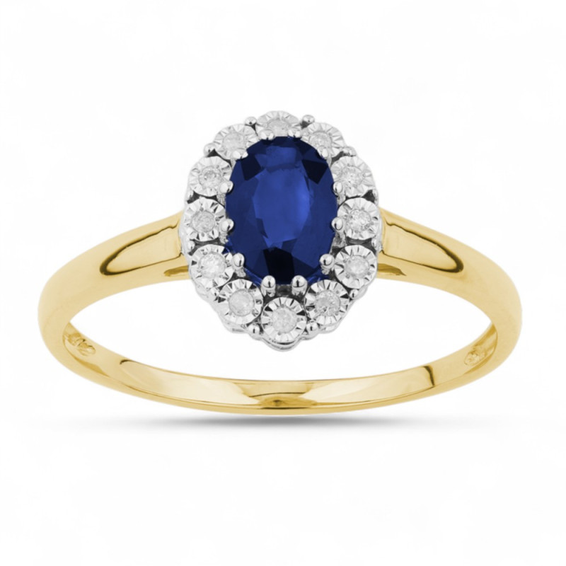 Line Blue Sapphire Ring in 18K Gold with Diamond Halo