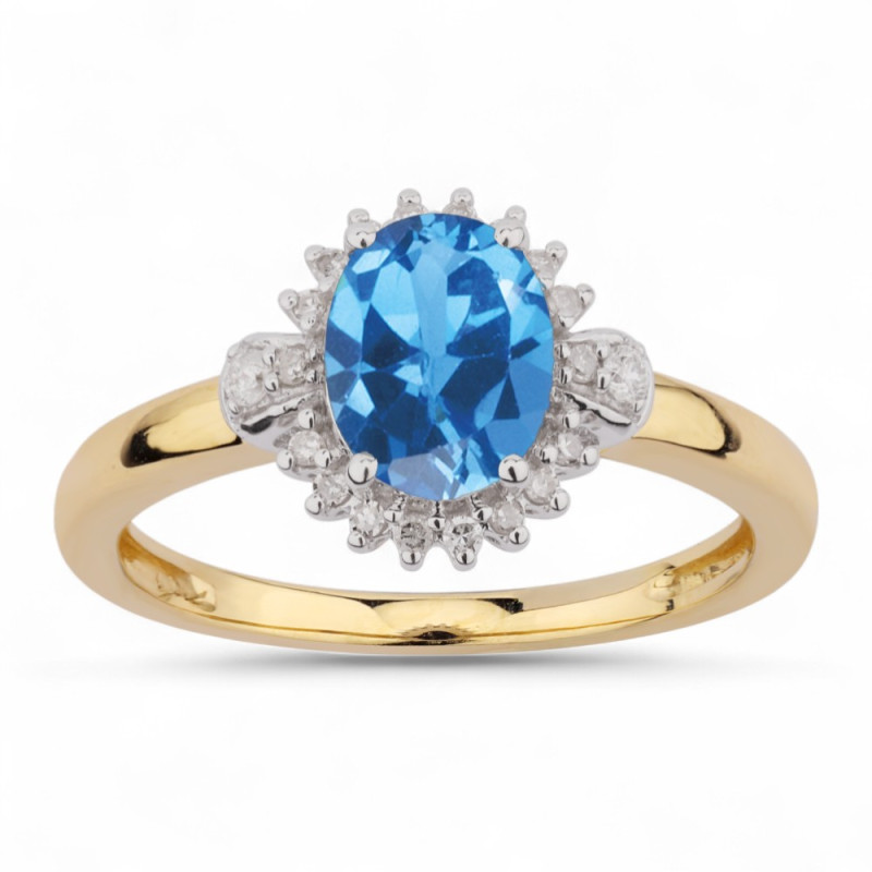 Bague Fiançailles Vintage Or Jaune 10 Carats Avec Topaze Bleue Et Diamants - Taille 6.5
