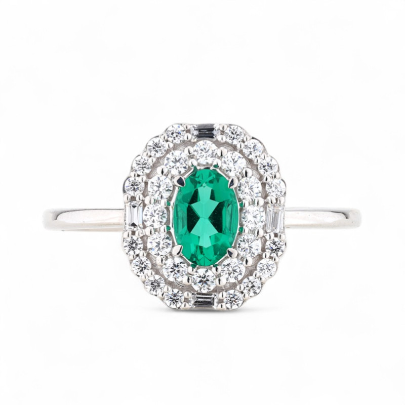 Mathilde Oval Emerald Ring in 18K Gold with Natural Diamond Halo