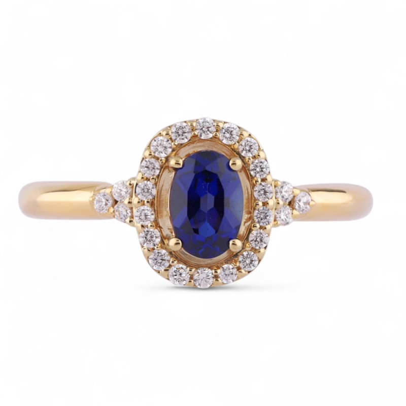 Liliane Blue Sapphire Ring in 18K Gold with Diamond Halo
