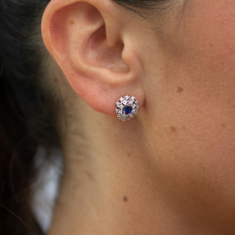 Boucles D'oreilles Saphirs Et Diamants Or 18 Carats - Occasion, Pendantes Avec Dormeuses