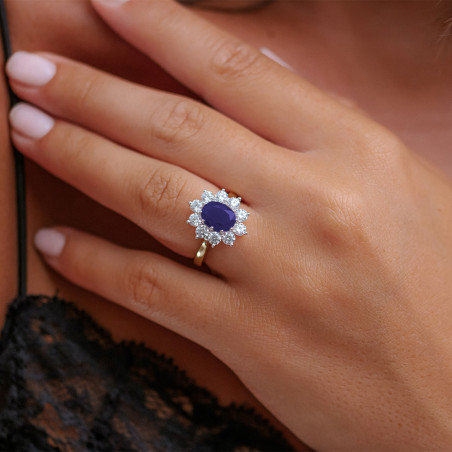 Bague Saphir Bleu Mélanie en Or 18K avec Halo de Diamants Naturels