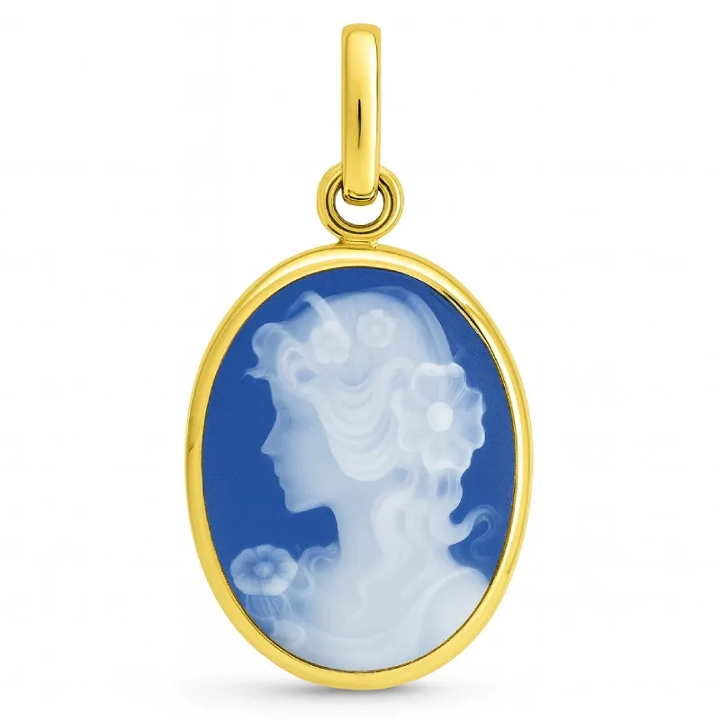 Anhänger aus blauem und weißem Porzellan-Cameo, geschnitzt in 18 Karat Gelbgold