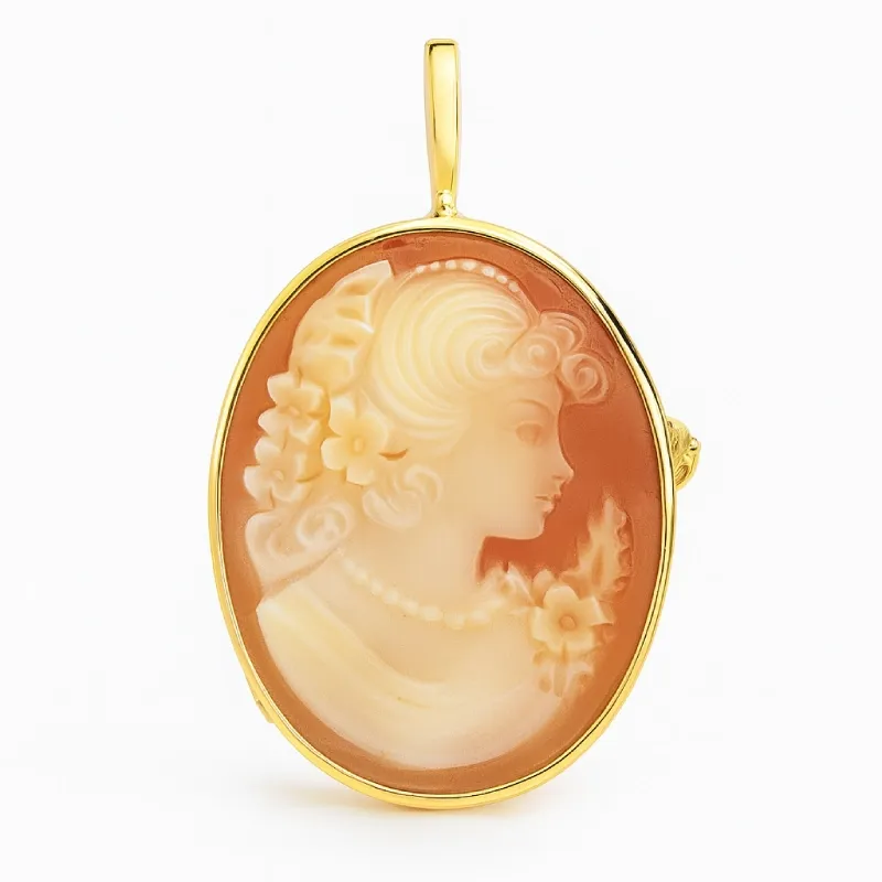 Hanger Broche Camee Profiel Bloemen Gebeeldhouwd in 18K Geel Goud