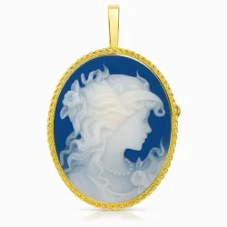 Hanger Broche Camee Porselein Bloemenprofiel Gesneden in 18K Geel Goud