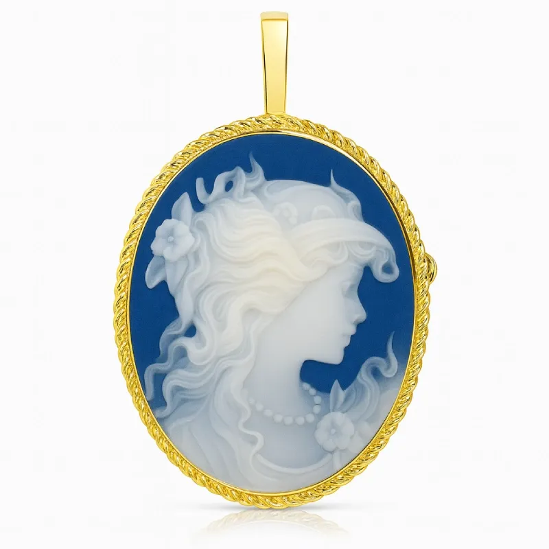 Colgante Broche de Camafeo de Porcelana con Perfil Floral Tallado en Oro Amarillo de 18K