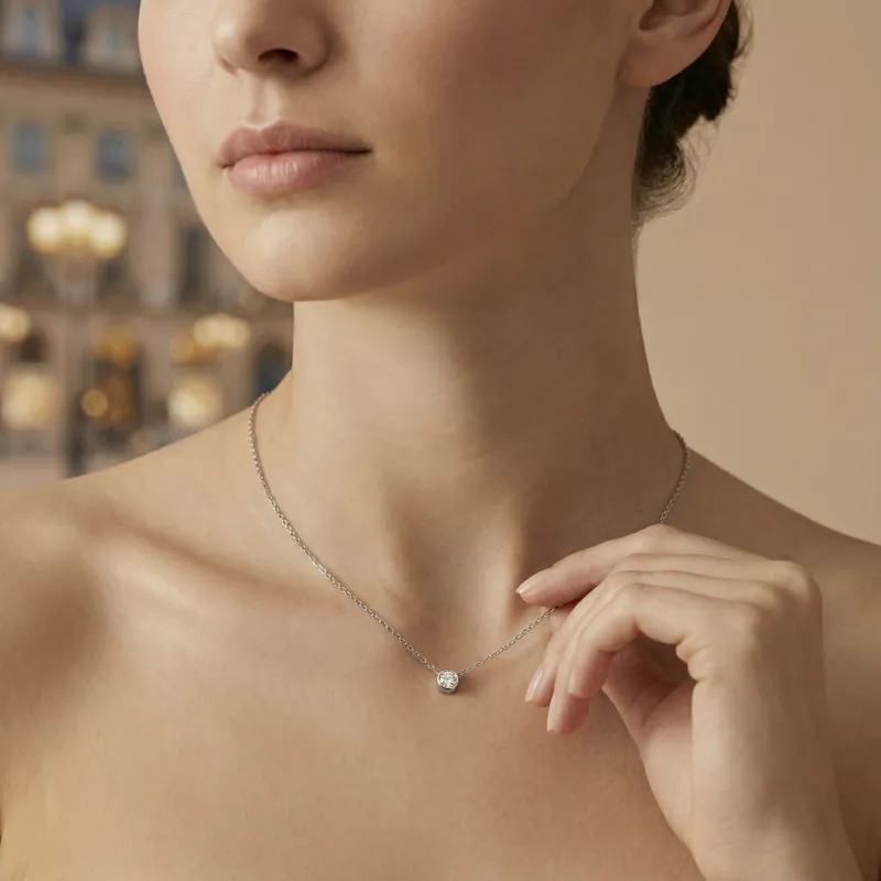 Pendentif Collier Rétro Argent 925 - Solitaire Cristal & Diamant - Occasion Très Bon état