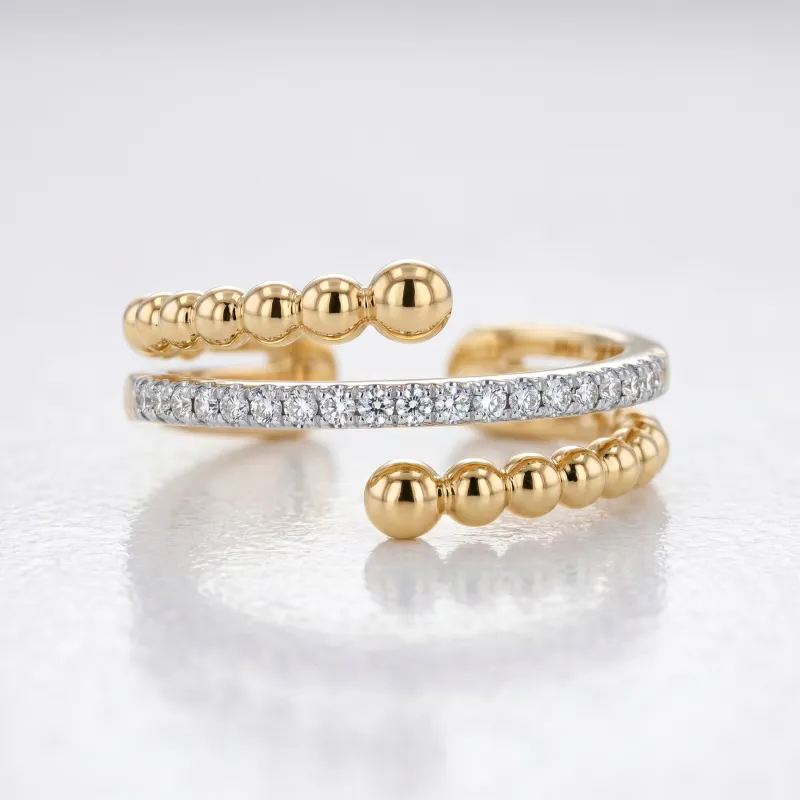 Bague Jonc Ouvert Perlé et Pavé en Or 18K ou Platine
