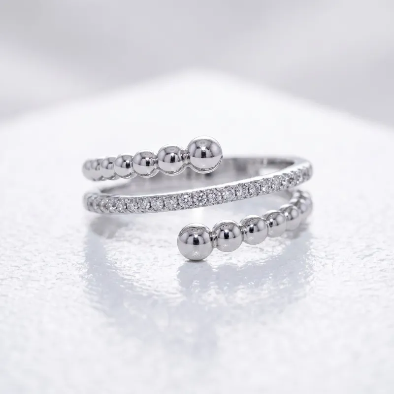 Bague Jonc Ouvert Perlé et Pavé en Or 18K ou Platine