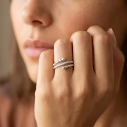 Bague Jonc Ouvert Perlé et Pavé en Or 18K ou Platine