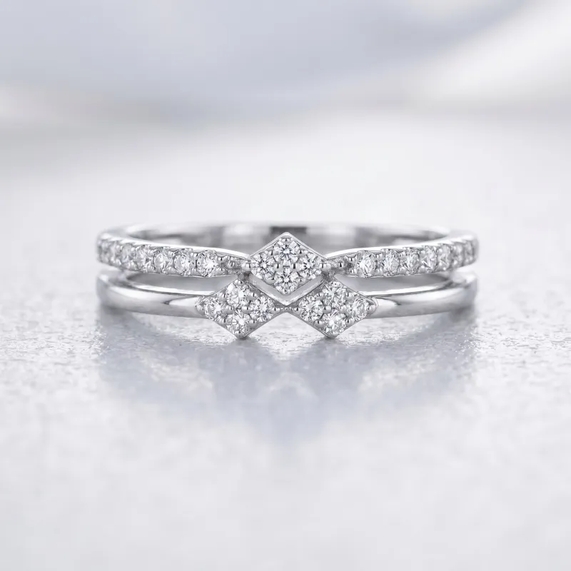 Bague Double Anneau Clusters Losange en Or 18K ou Platine