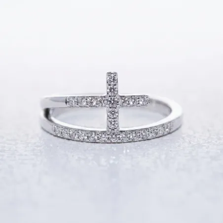 Double Band Pavé Cross Ring in 18K Gold or Platinum