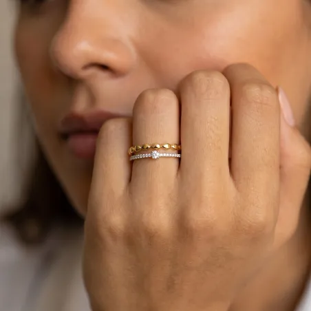 Bague Double Jonc Perlé Diamant en Or 18K ou Platine