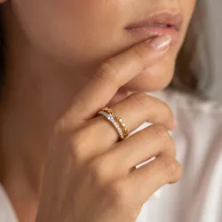 Bague Double Jonc Perlé Diamant en Or 18K ou Platine