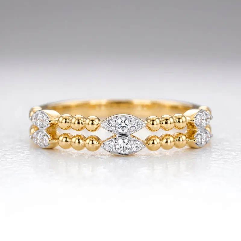 Bague Double Anneau Perlé Navettes en Or 18K ou Platine