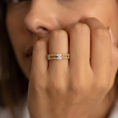 Bague Double Anneau Perlé Navettes en Or 18K ou Platine