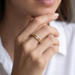 Bague Double Anneau Perlé Navettes en Or 18K ou Platine