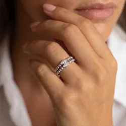 Bague Double Anneau Perlé Navettes en Or 18K ou Platine