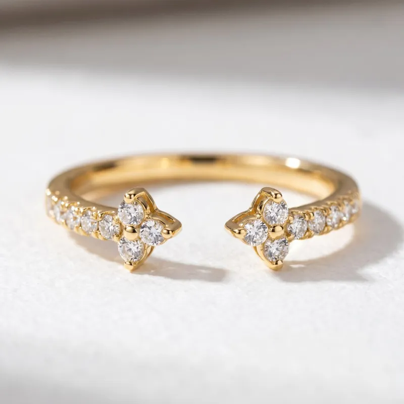 Bague Jonc Ouvert Fleurs Pavées en Or 18K ou Platine