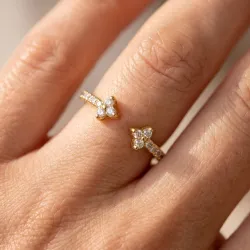 Bague Jonc Ouvert Fleurs Pavées en Or 18K ou Platine