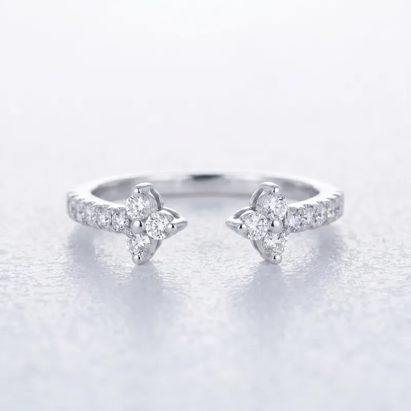 Bague Jonc Ouvert Fleurs Pavées en Or 18K ou Platine