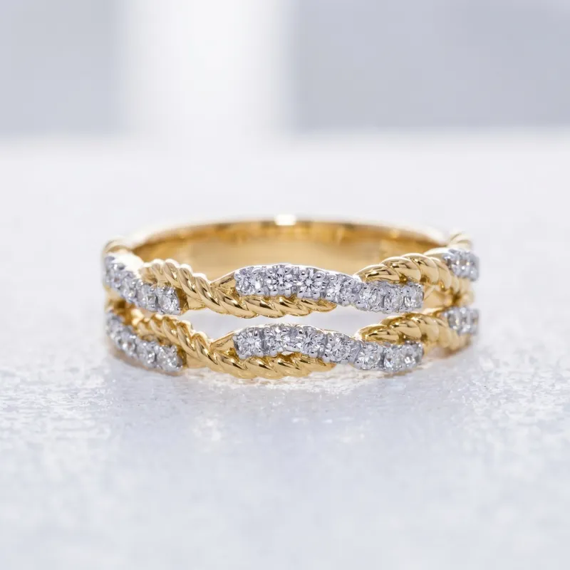 Bague Croisée Torsadée Pavée en Or 18K ou Platine