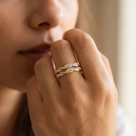 Bague Croisée Torsadée Pavée en Or 18K ou Platine