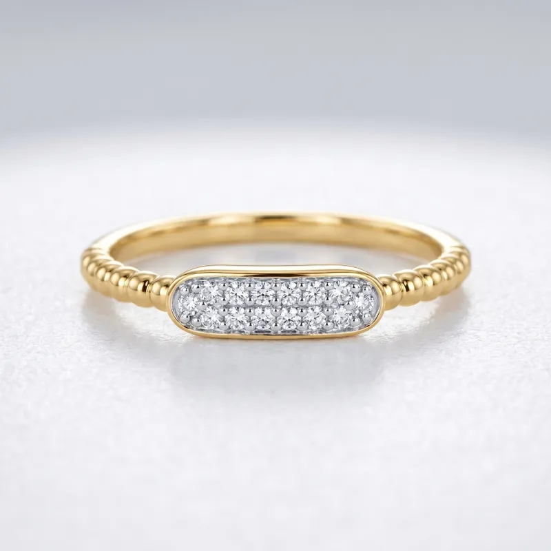 Bague Jonc Perlé Barrette Pavée en Or 18K ou Platine