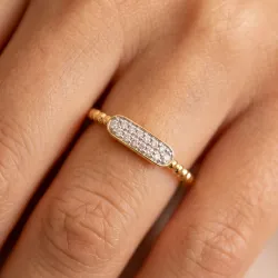 Bague Jonc Perlé Barrette Pavée en Or 18K ou Platine