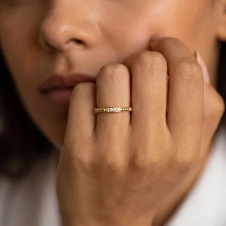 Bague Jonc Perlé Stations Pavées en Or 18K ou Platine
