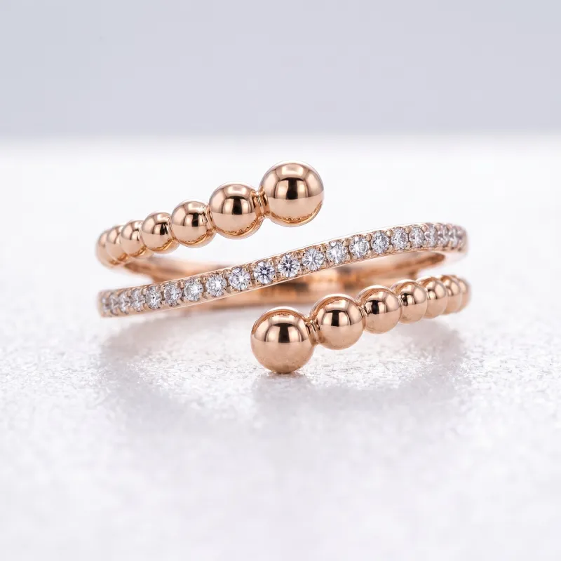 Bague Jonc Ouvert Perlé et Pavé en Or 18K ou Platine