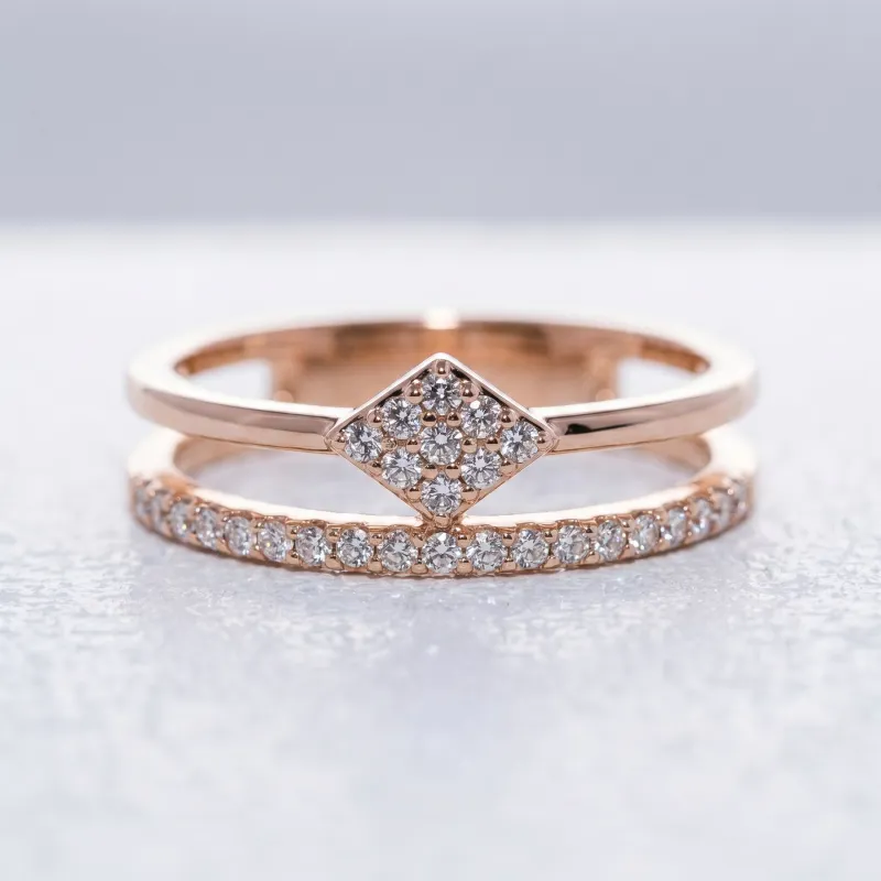 Bague Double Anneau Losange Pavé en Or 18K ou Platine