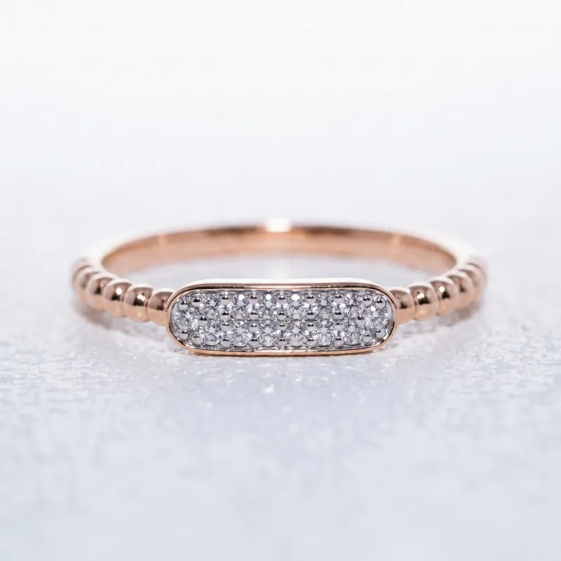 Bague Jonc Perlé Barrette Pavée en Or 18K ou Platine