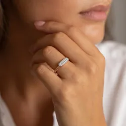 Bague Jonc Perlé Barrette Pavée en Or 18K ou Platine