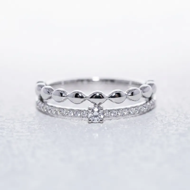 Bague Double Jonc Perlé Diamant en Or 18K ou Platine