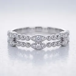 Bague Double Anneau Perlé Navettes en Or 18K ou Platine