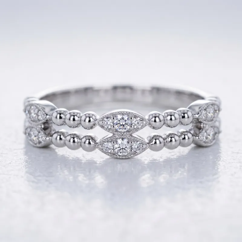 Bague Double Anneau Perlé Navettes en Or 18K ou Platine