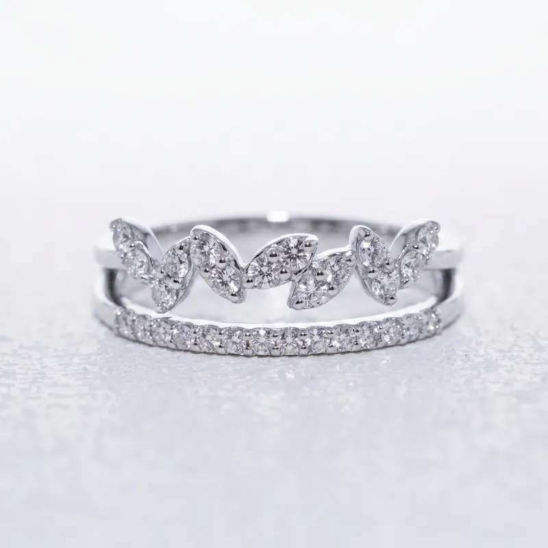 Bague Branche Feuillages Pavé Jonc en Or 18K ou Platine
