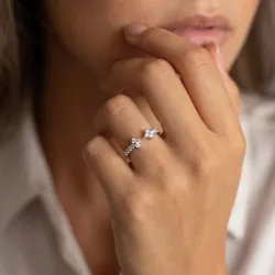 Bague Jonc Ouvert Fleurs Pav&eacute;es en Or 18K ou Platine