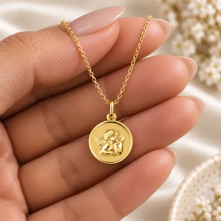 Médaille Ange Bordure Polie en Or Jaune 18 Carats