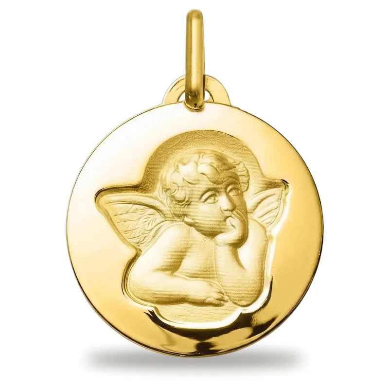 Médaille Ange de Raphaël Disque Poli en Or Jaune 18 Carats