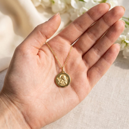 Médaille Ange de Raphaël Disque Poli en Or Jaune 18 Carats