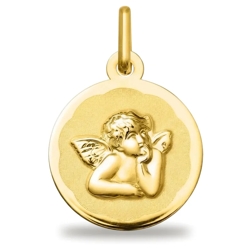 Médaille Ange de Raphaël Fond Festonné en Or Jaune 18 Carats