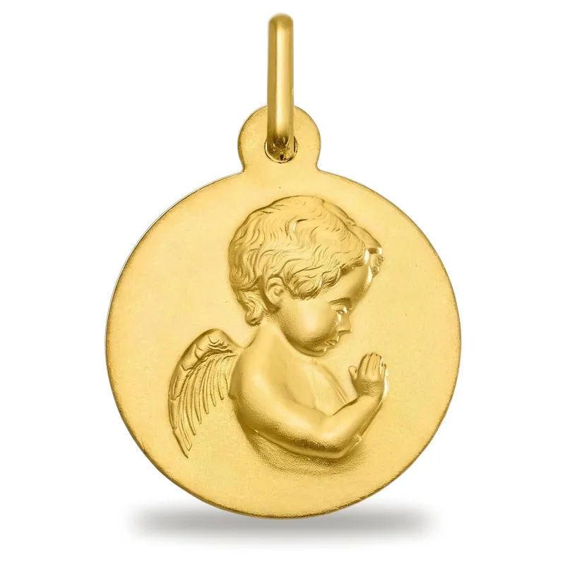 Round Satin Praying Angel Medal 18K Yellow Gold - 14 mm