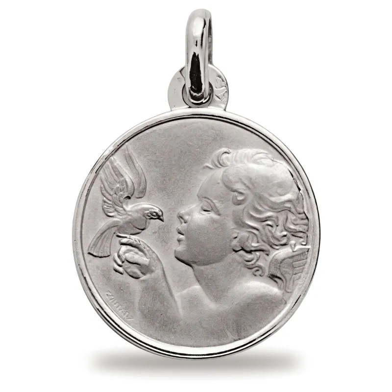 Médaille Ange et Colombe Bordure Polie en Or Blanc 18 Carats