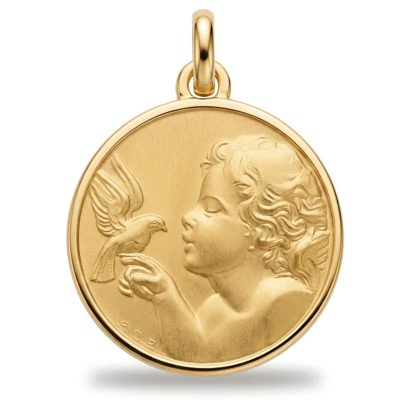 Große Medaille Engel und Taube 18K Gelbgold - 19 mm