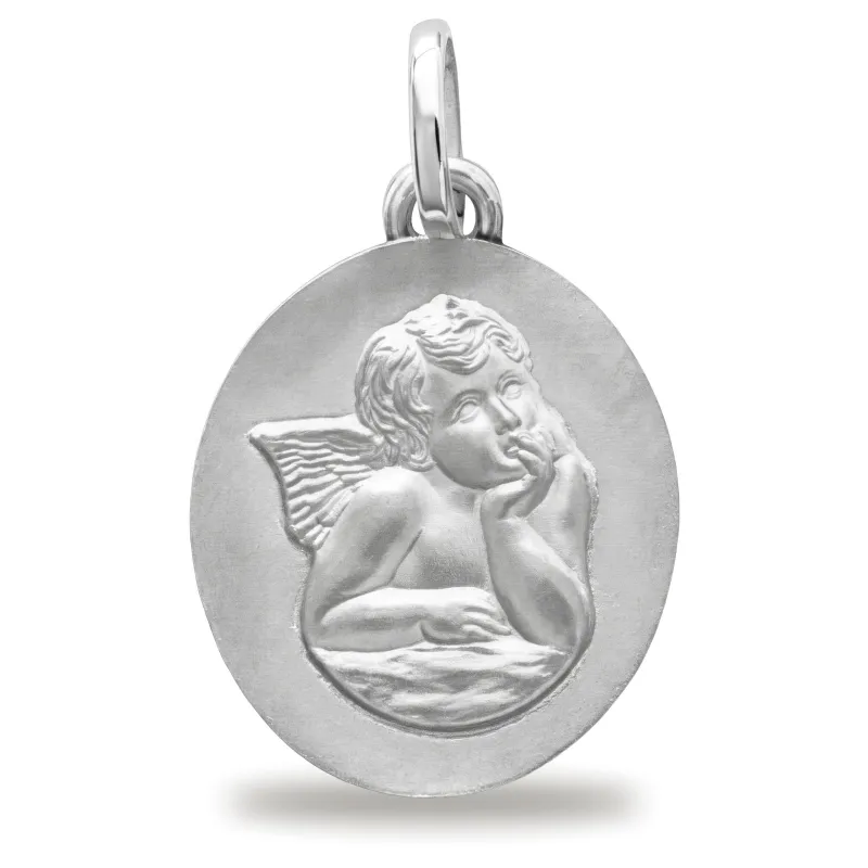 Médaille Ange de Raphaël Ovale en Or Blanc 18 Carats