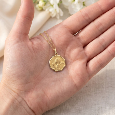 Médaille Octogonale Ange en Prière en Or Jaune 18 Carats