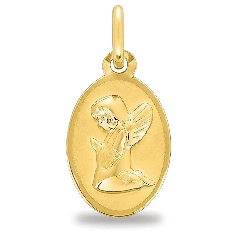 Oval Praying Angel Medal 18K Yellow Gold - 17 x 10 mm