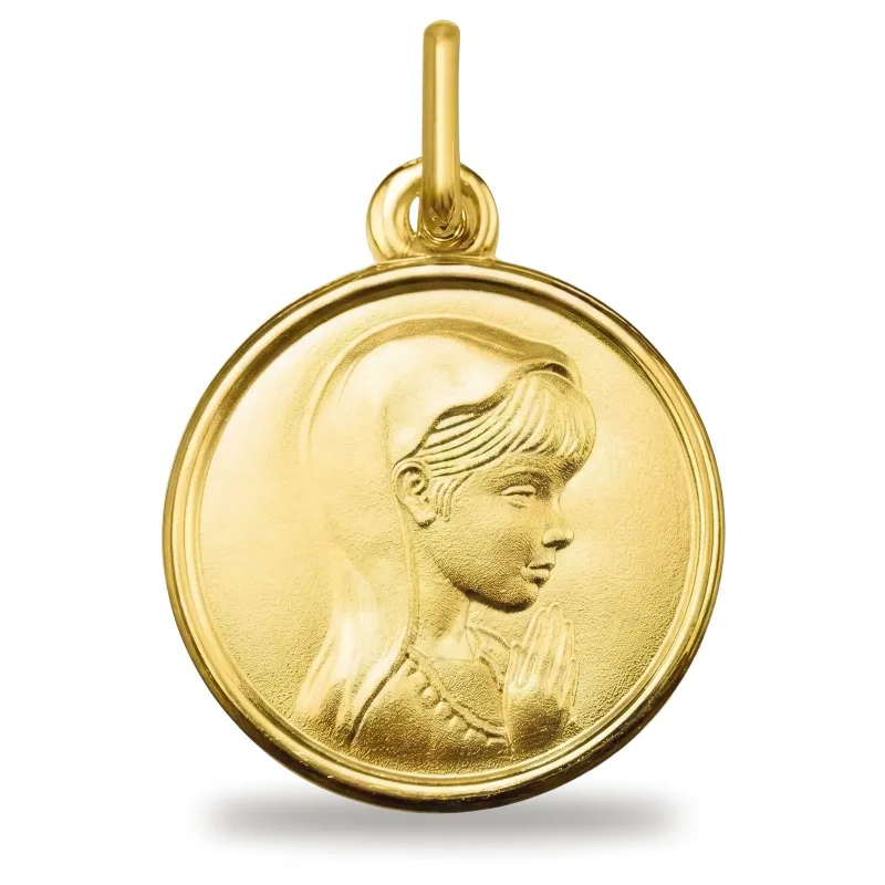 Médaille Jeune Vierge en Prière Cadre Poli en Or Jaune 18 Carats